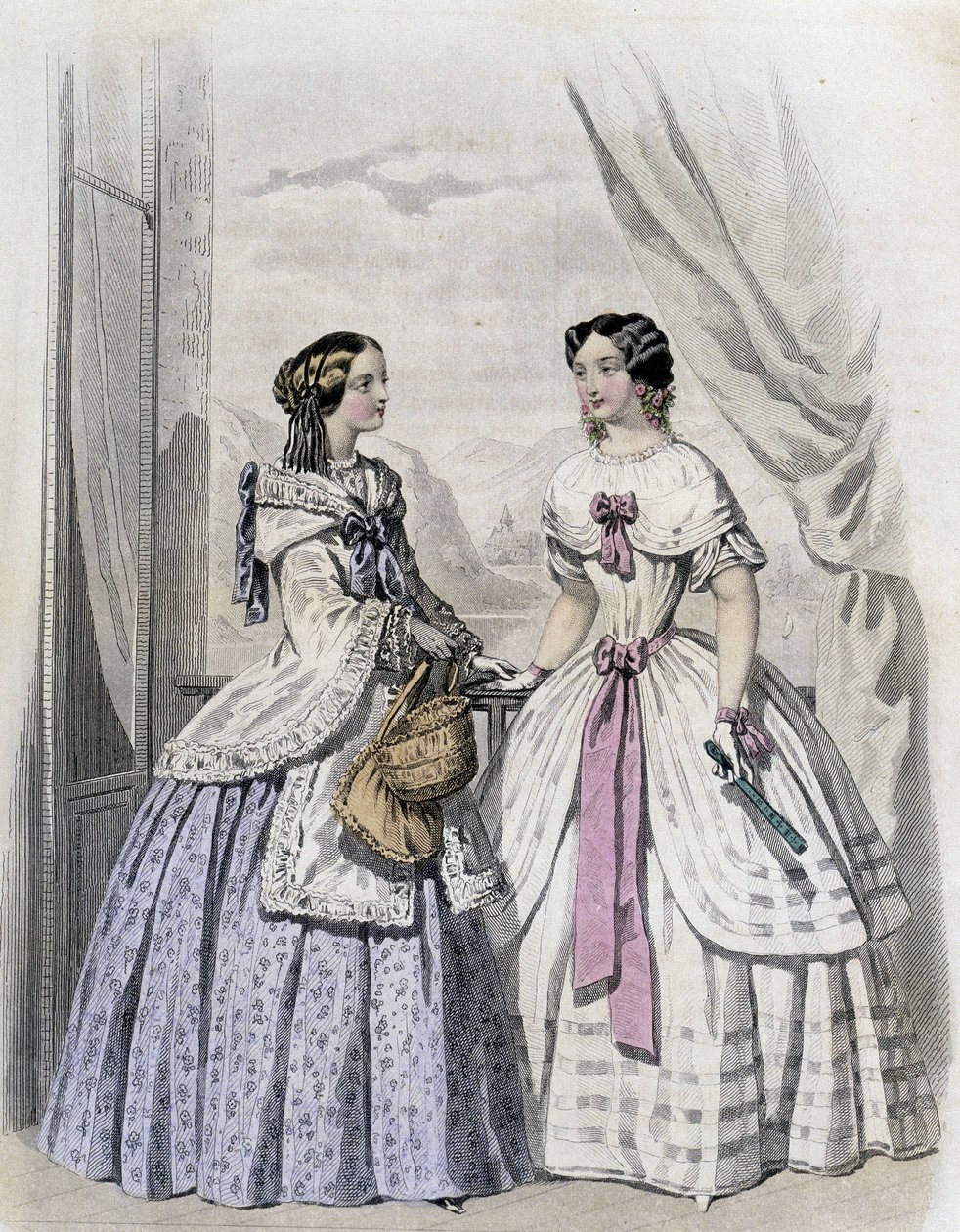 2人のファッショナブルな女性-「Journal des Demoiselles」1852年に掲載。 作： フランス語学校