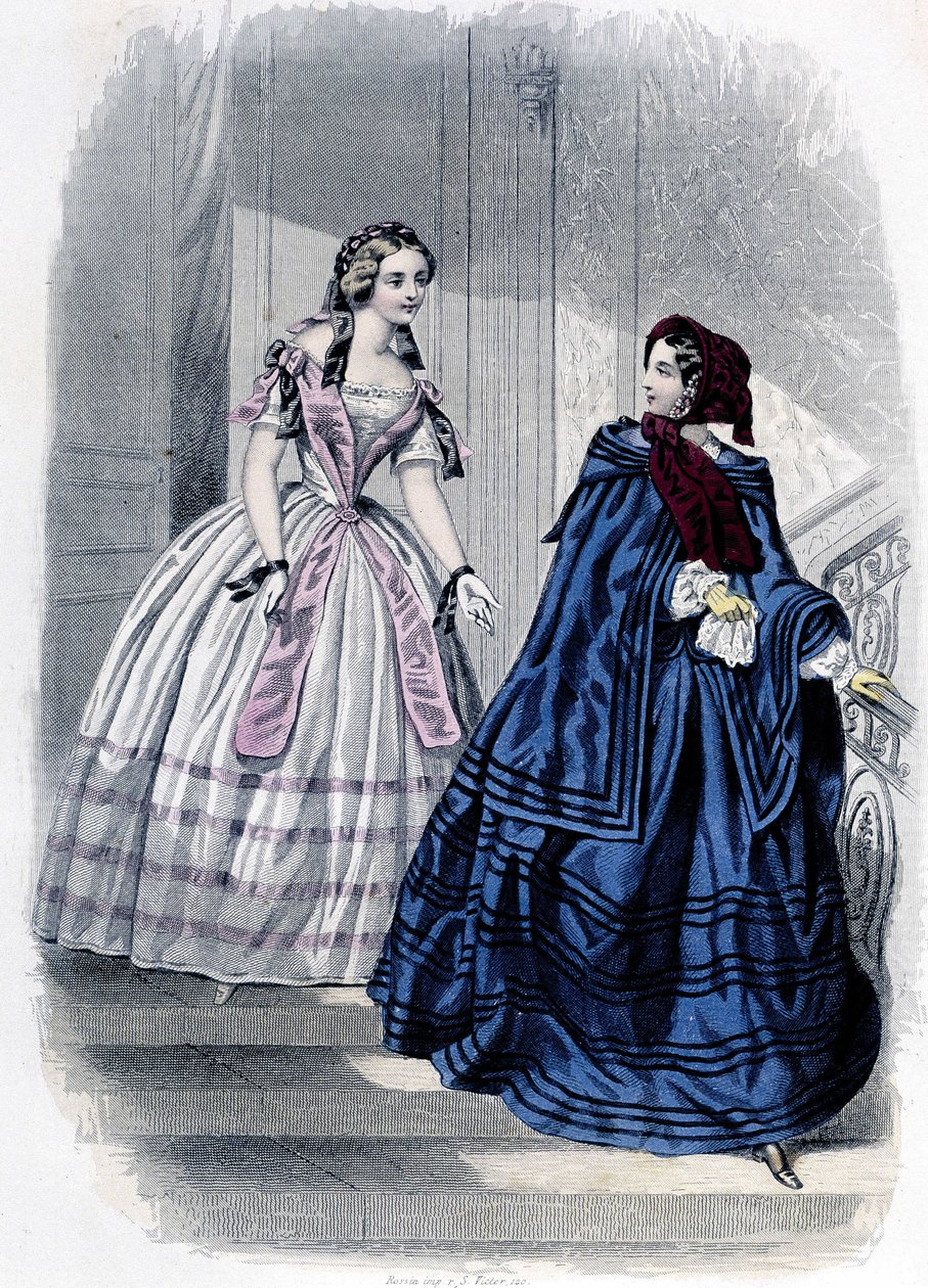 2人のファッショナブルな女性-「Journal des Demoiselles」1852年に掲載。 作： フランス語学校