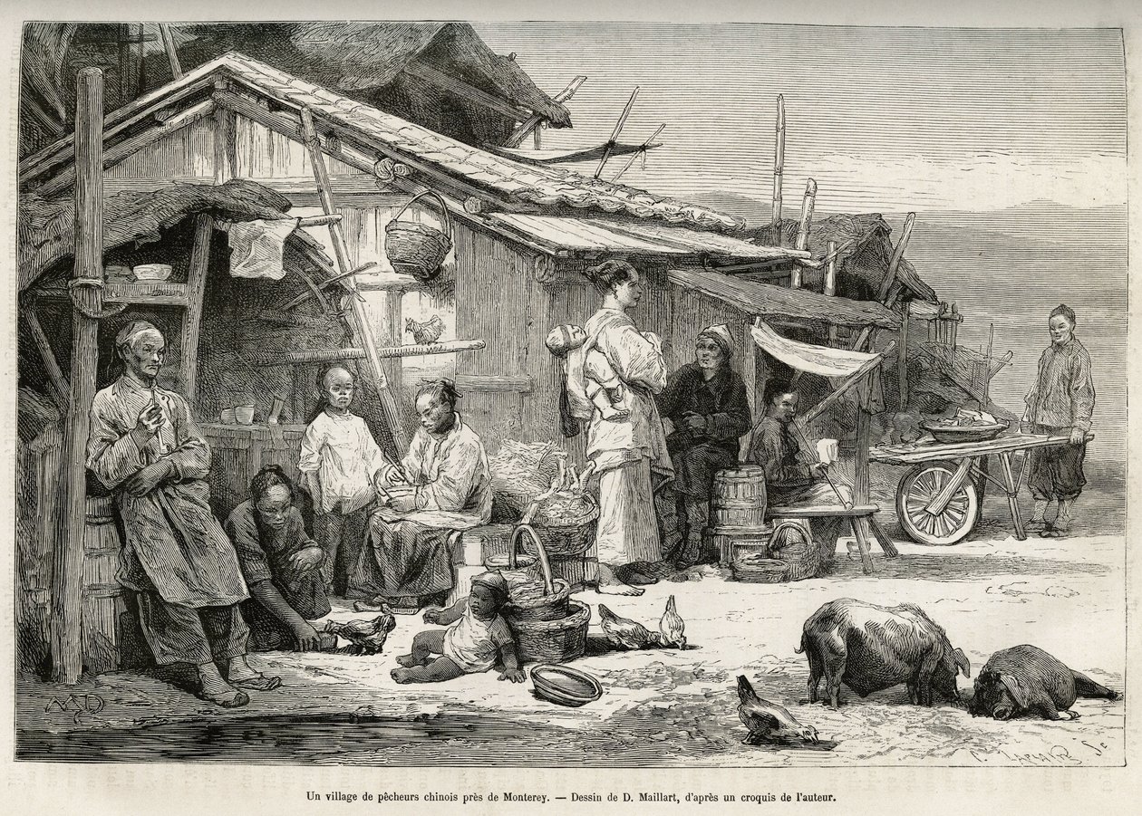 Ein chinesisches Fischerdorf in der Nähe von Monterey, Kalifornien, bezeugt die bedeutende chinesische Gemeinschaft an der Pazifikküste der Vereinigten Staaten. Gravur nach einer Zeichnung von D. Maillard, zur Illustration der Geschichte La conquête blanch von French School