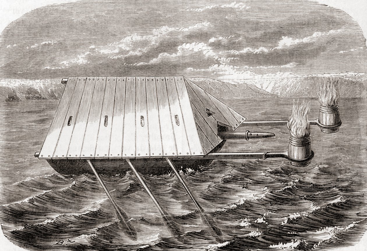 13世紀のラテン語の写本に描かれたギリシャの火の船（1870年頃出版の「Les Merveilles de la Science」より）（エングレーヴィング 作： フランス語学校