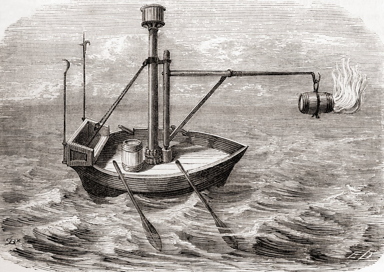 13世紀のラテン語の写本に描かれたギリシャの火の船（1870年頃出版の「Les Merveilles de la Science」より）（エングレーヴィング 作： フランス語学校