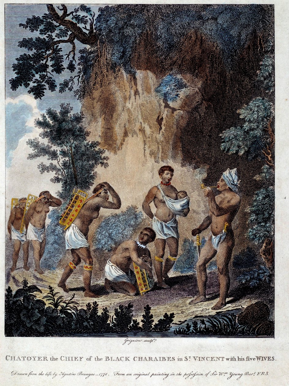 西インド諸島のセントビンセント島のカリブ料理人と5人の女性たち 19世紀の版画 シャルトル、ボザール美術館 作： フランス語学校