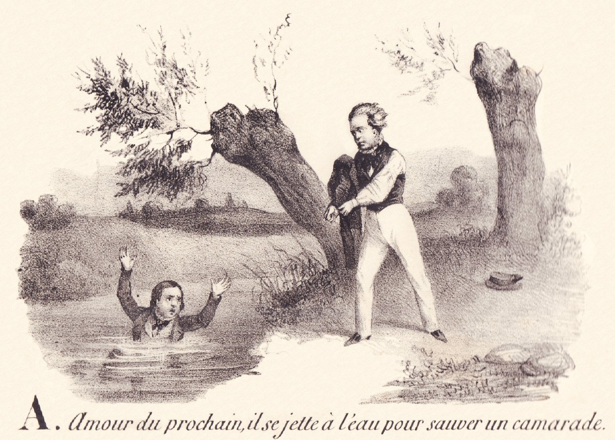 A: 隣人愛、仲間を助けるために海に身を投じる。 作： フランス語学校