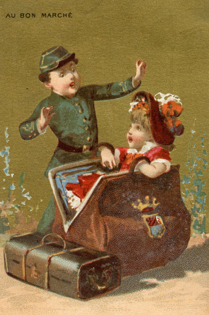 1890年頃、パリのボンマルシェ百貨店のプロモーションカードとして制作された、子供たちの一連のイラストからの荷物の中のサプライズ 作： フランス語学校