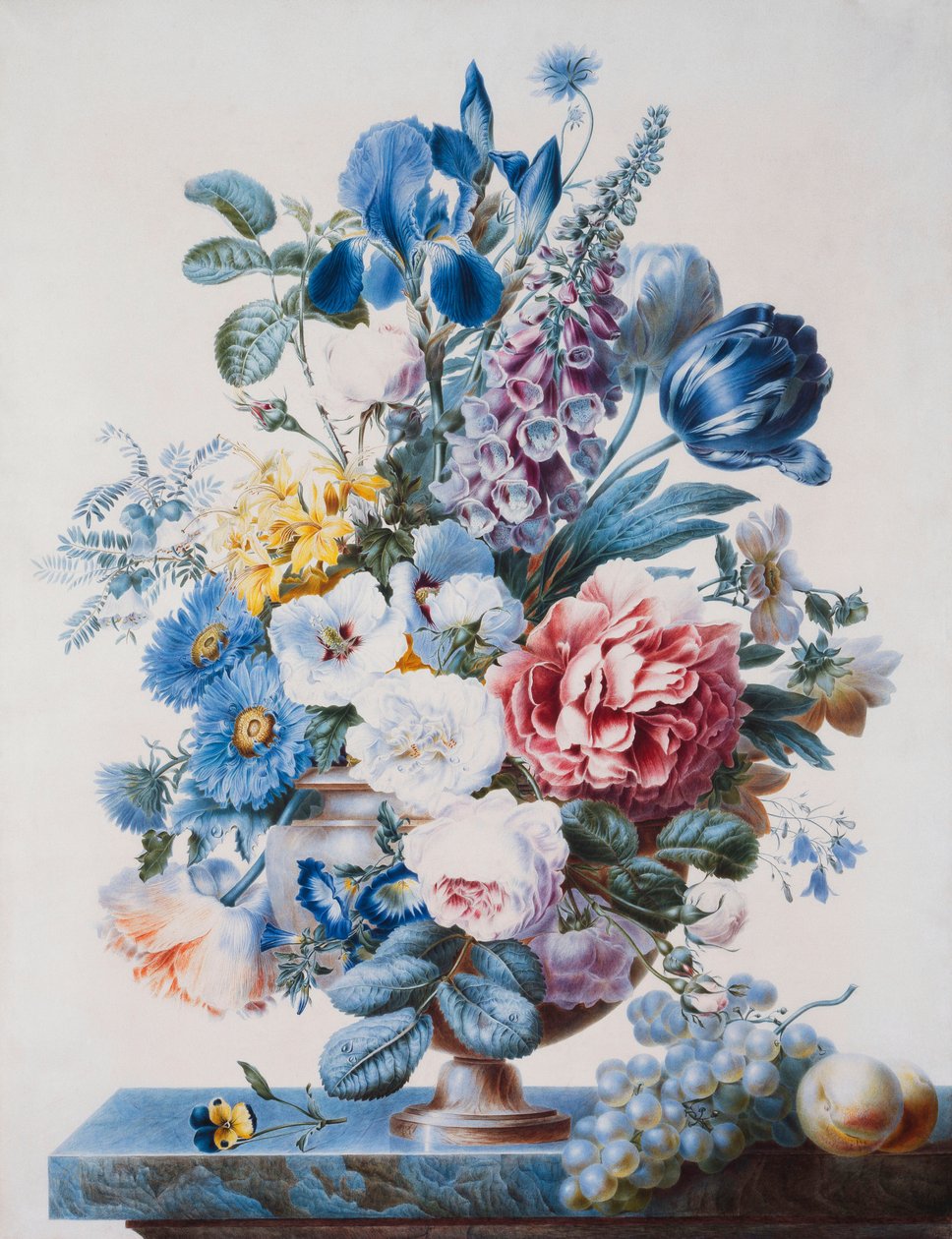 葡萄と桃のある棚の上の花の花瓶、 作： フランス語学校