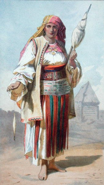 1865年にロンドンで出版された「Transylvania: Its Products and Its People」に掲載された「A Wallack Woman」のイラスト（カラーリトグラフ） 作： フランス語学校