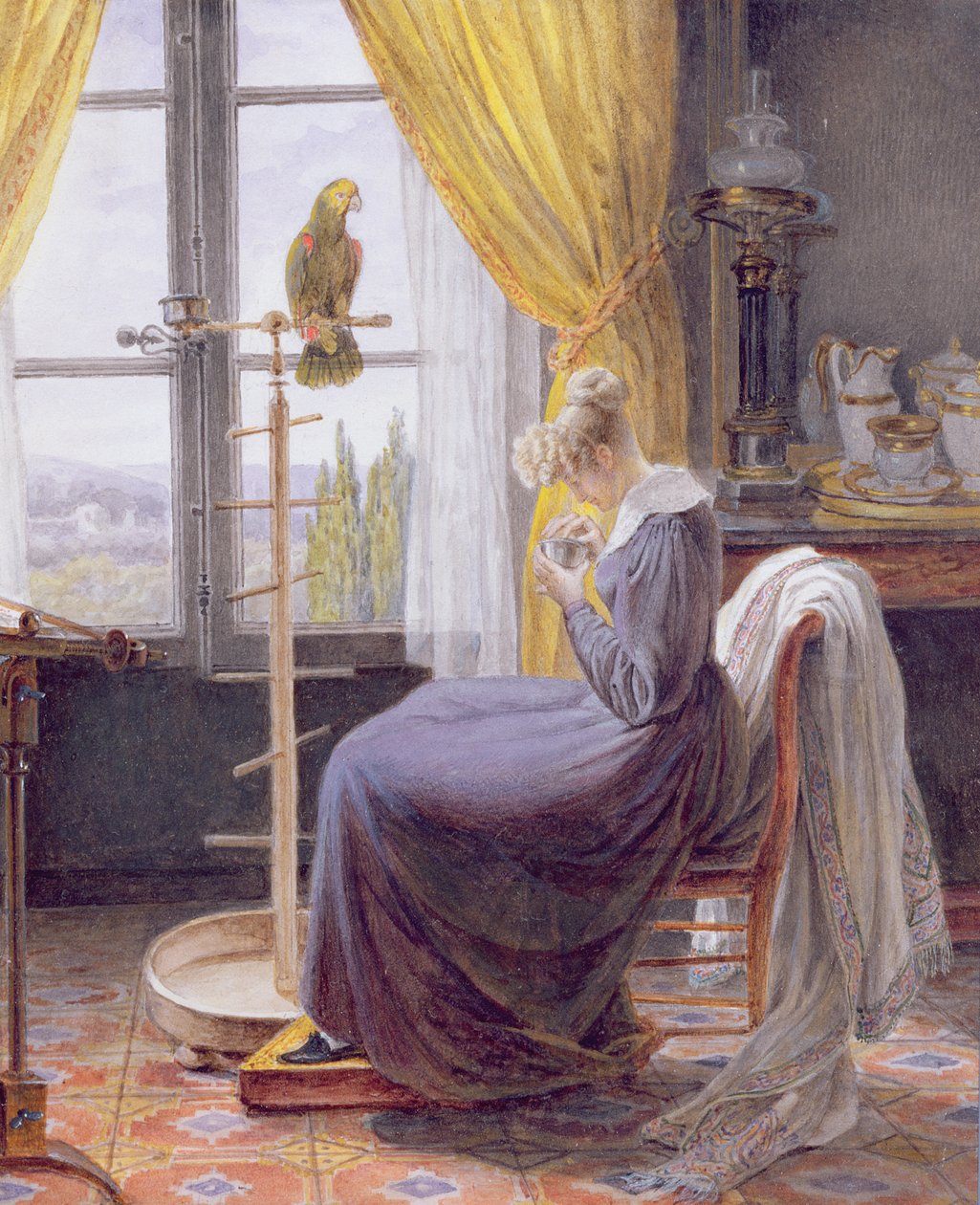 内部でオウムを食べさせる女性、1820年頃（紙にガッシュを塗ったトイレ） 作： フランス語学校