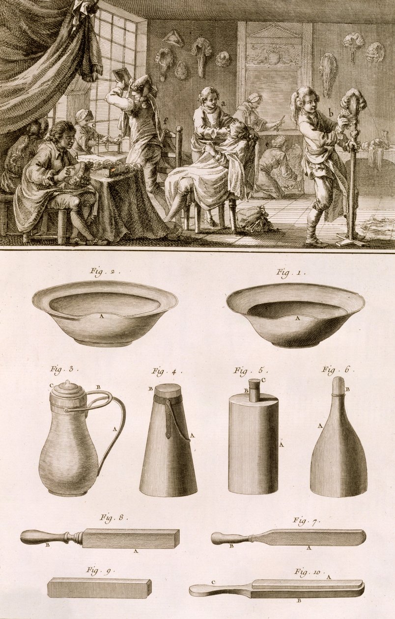 Denis Diderot（1713-84）によるEncyclopedie des Sciences et Metiersの理髪店と理髪ツールがc.1770に出版されました 作： フランス語学校