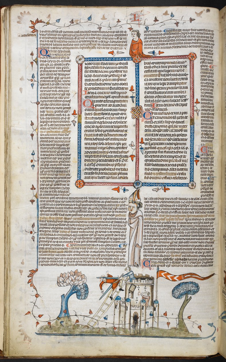 Smithfield Decretals、Royal 10 E. IV、f.18v から、防御側の 1 人に殺されながら、城に侵入しようとしている男性のページ下のシーン 作： フランス語学校