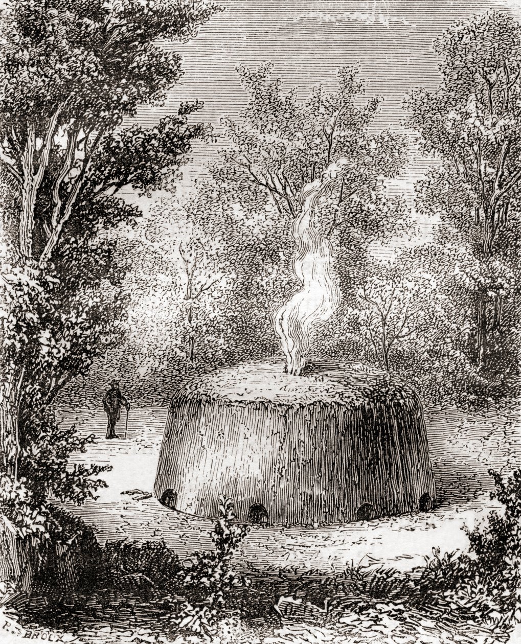 森の中の炭焼き窯。19世紀に描かれたもので、1870年頃に出版された『Les Merveilles de la Science』に収録されている（彫刻）。 作： フランス語学校