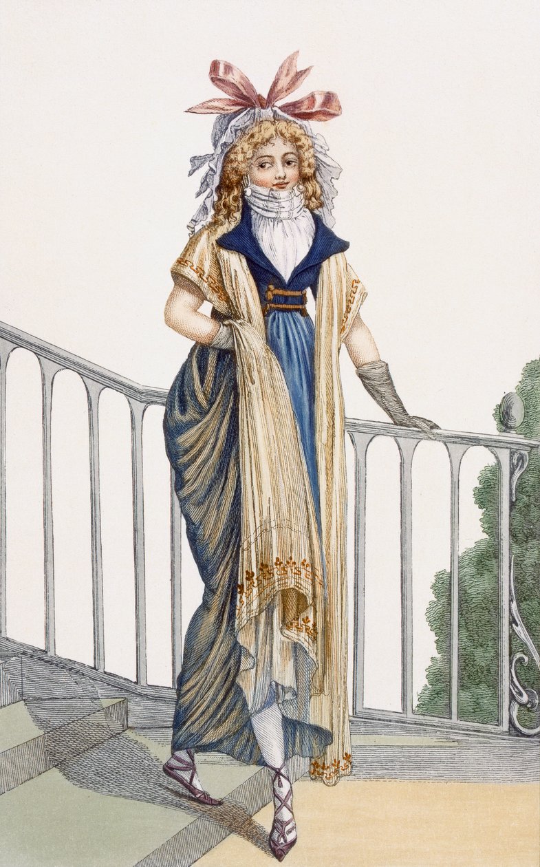 カントリースタイルのウォーキングドレス、Journal des Dames et des Modesのイラスト、1797年 作： フランス語学校
