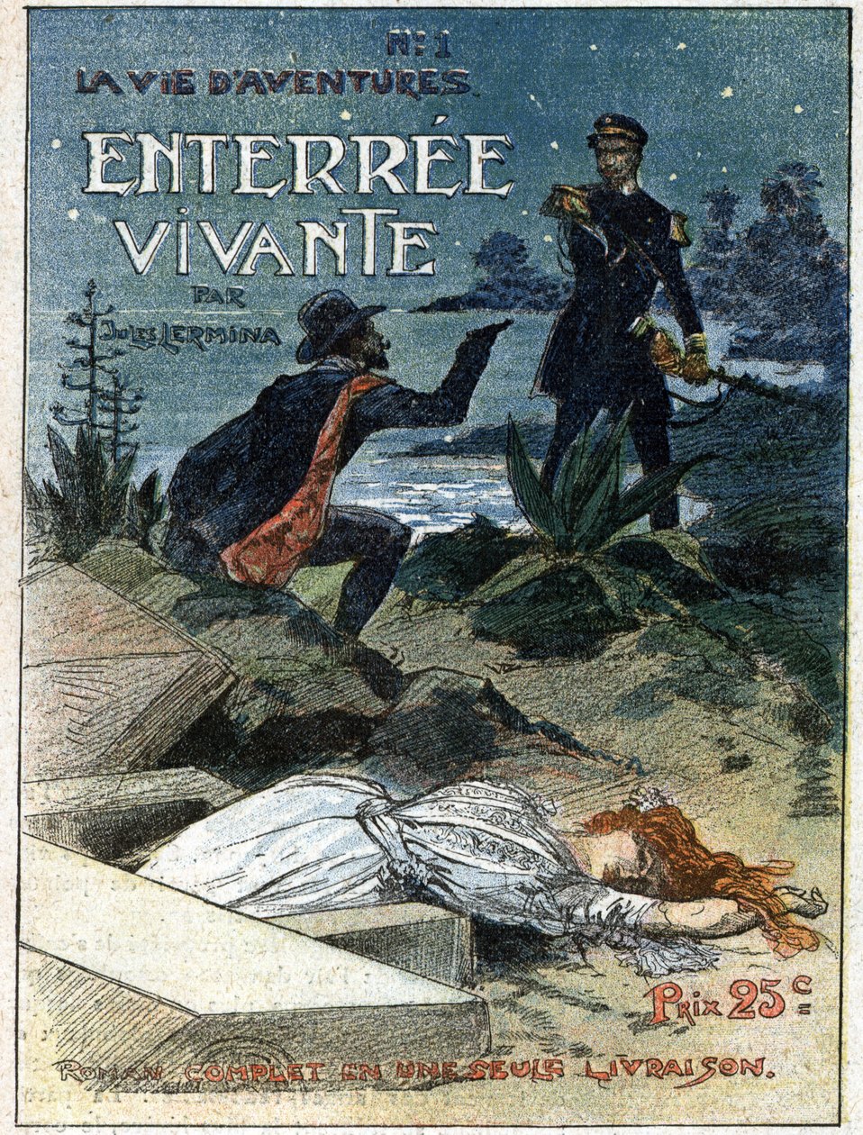 Eine kriminelle Waffe mit einer Pistole bedroht einen Gesetzeshüter, der ihn erwischt hat, als er versuchte, den Körper einer Frau zu begraben. Illustration für „Lebendig begraben“ von Jules Lermina (1839-1913). Eine der „Leben der Abenteuer“-Zeitungen. Gr von French School