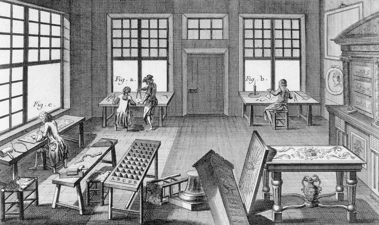 Denis Diderot（1713-84）によるEncyclopedie des Sciences et Metiersの家具インレイヤーワークショップは、1770年に出版されました 作： フランス語学校