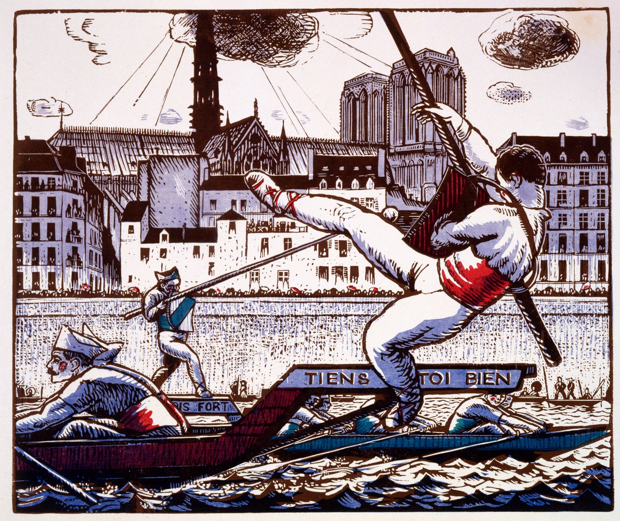 パリのセーヌ川の祭典での馬上槍試合コンテスト、1890〜1920年頃（カラー木版画） 作： フランス語学校