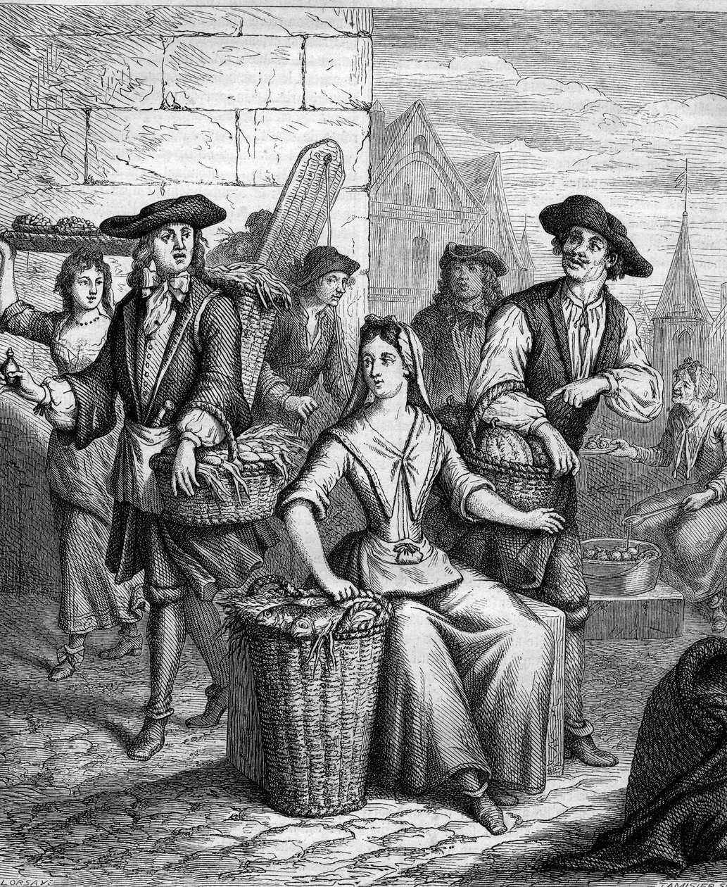 17世紀の市場の女性（魚売りの女性）。 作： フランス語学校