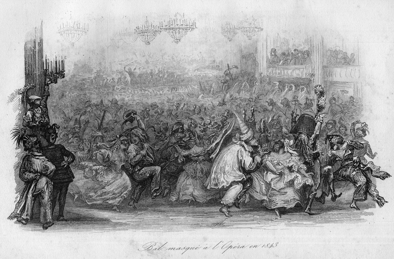 1843年のパリ・オペラ座での仮面舞踏会。("Le carnival" song par Marc-Antoine Madeleine Desaugiers) in "- CHANS et CHANS POPULES DE LA FRANCE - 1843 - H.- L. DELLOYE, publisher, LIBRAIRIE DE GARNIER. 作： フランス語学校