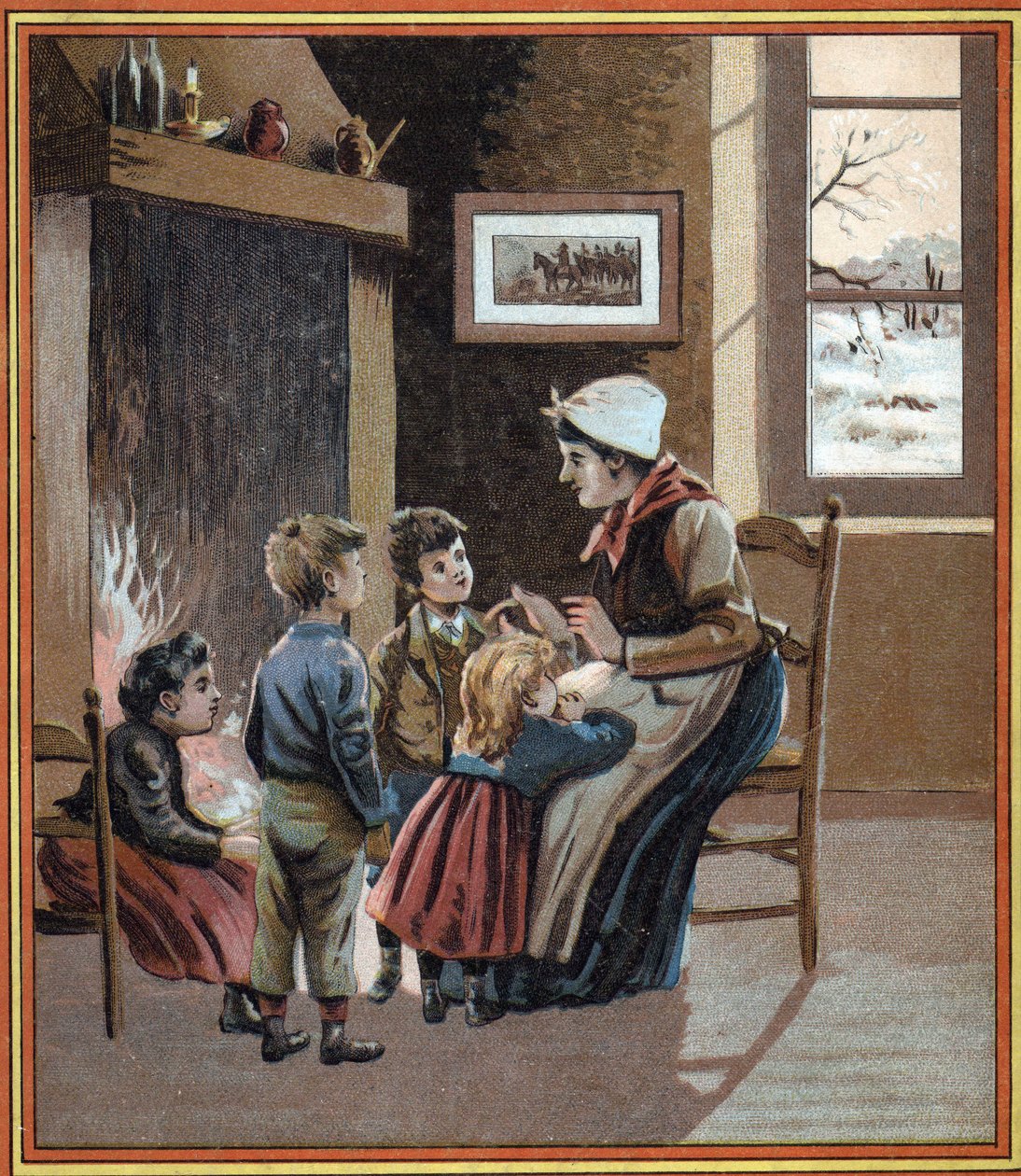 焚き火のそばで子供たちに物語を語る母親。Les tales du foyer pour les petits "という本の表紙。19世紀の匿名のエングレーヴィング。 作： フランス語学校