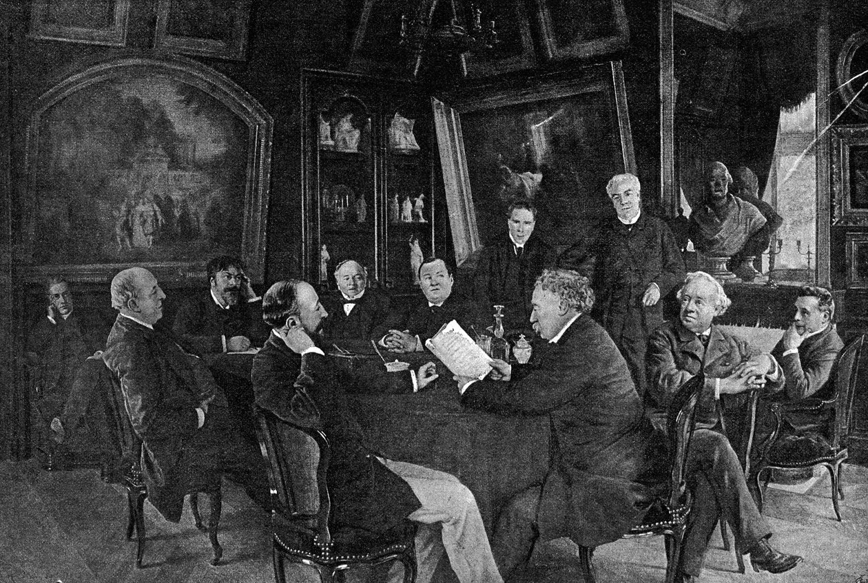 コメディ・フランセーズ（Comedie francaise）での朗読：アレキサンドル・デュマの息子が委員会の前で彼のコメディの一つを朗読しています。 作： フランス語学校