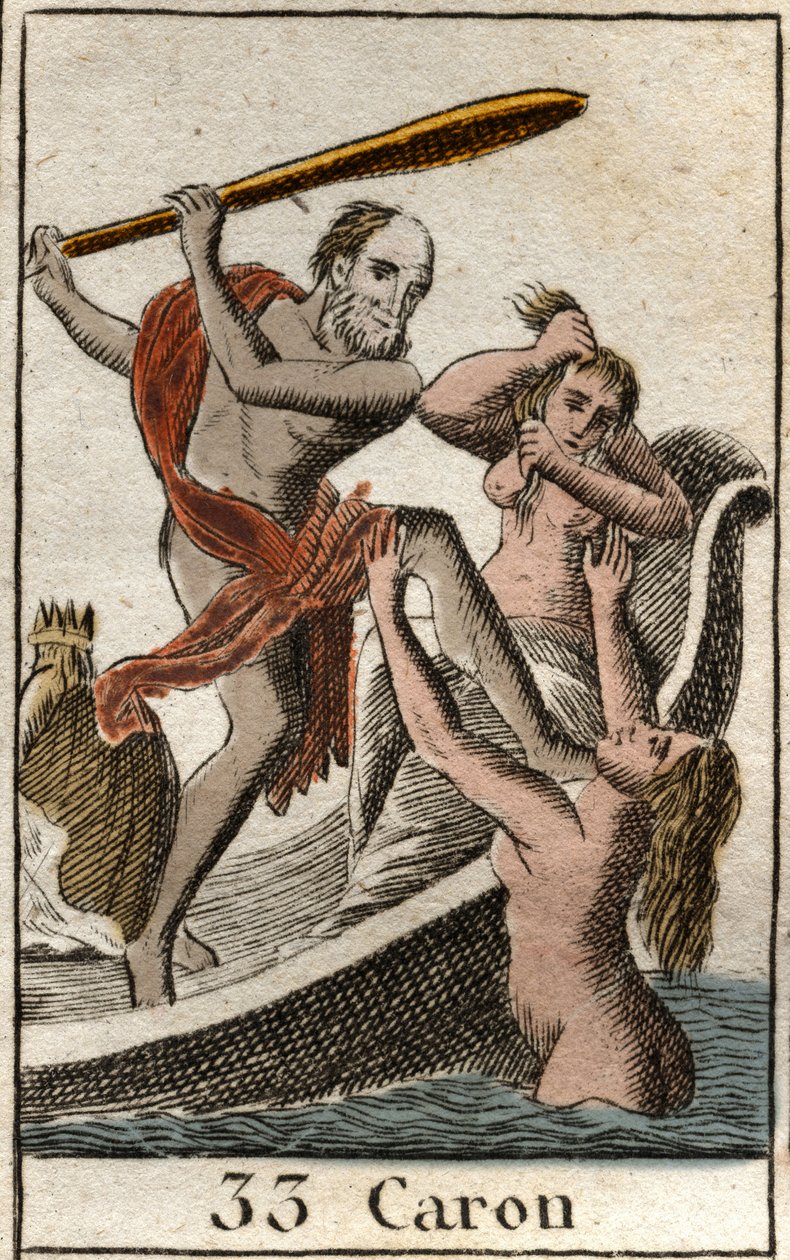 Darstellung von Charon, Fährmann der Unterwelt, er ermöglicht den Verstorbenen, den Fluss Acheron zu überqueren. Aus „Mythologie der Jugend“ von Pierre Blanchard 1803. von French School