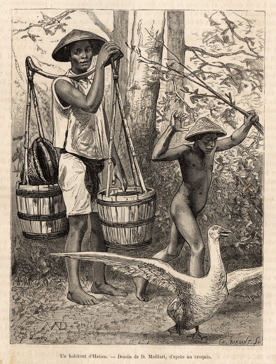 バケツや籠を運ぶハティエン（ベトナム）の住人と、棒でガチョウを狩る子供。1872年にモリス医師がコチンチンへの航海を描いたロビンの絵の後に彫られたもので、1875年にE編集の「Le tour du monde」に掲載された。 作： フランス語学校