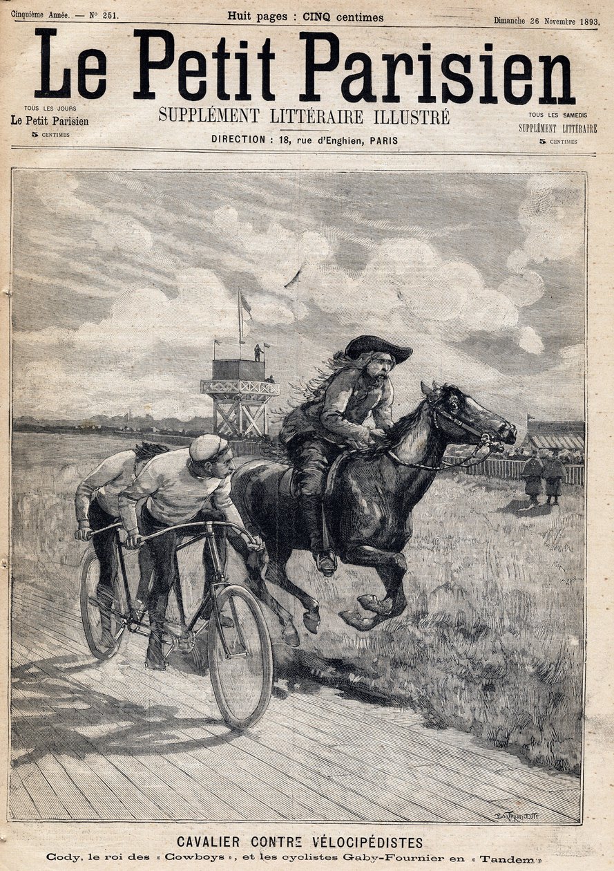 Ein Reiter im Rennen gegen Velocipedisten: William Frederic Cody (1846-1917), bekannt als Buffalo Bill, bekannt als König der Cowboys, und die Radfahrer Gaby und Fournier im Tandem. In der Zeitung „Le Petit Parisien“ am 26.11.1893 (Gravur) von French School
