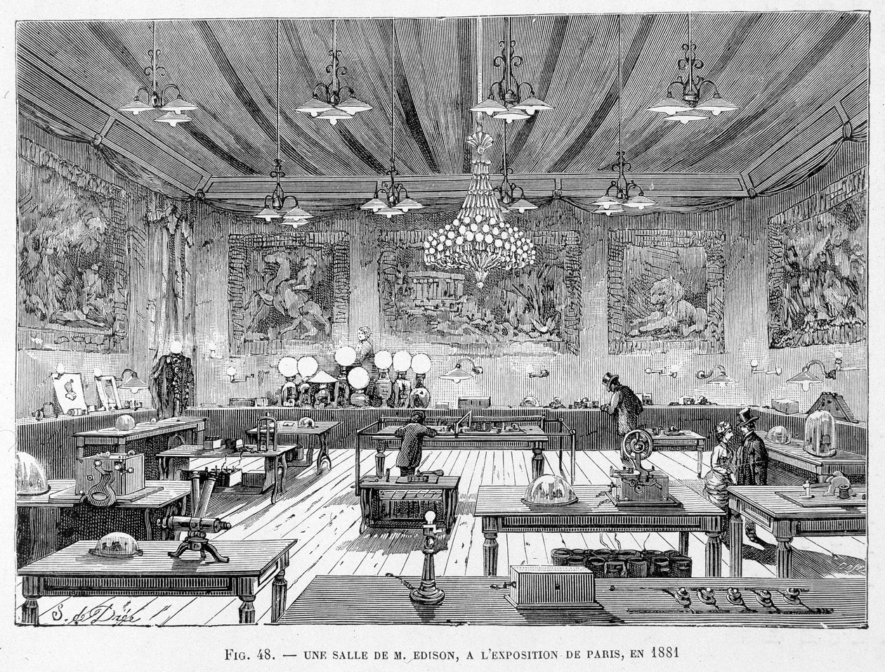 1881年にパリで開催されたエジソンの展示会の一室（ルイ・フィギエ著「The new conquests of science」より 作： フランス語学校