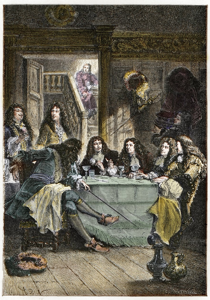 フランスの作家Jean de La Fontaine（1621-1695）、Nicolas Boileau-Despreaux（Boileau Despreaux）（1636-1711）、劇作家Jean Baptiste Poquelin dit Moliere（1622-1673）、詩人Jean Racine（1639-1699）を集めたサロン（Cabaret） - La Fontaine, Boilea 作： フランス語学校