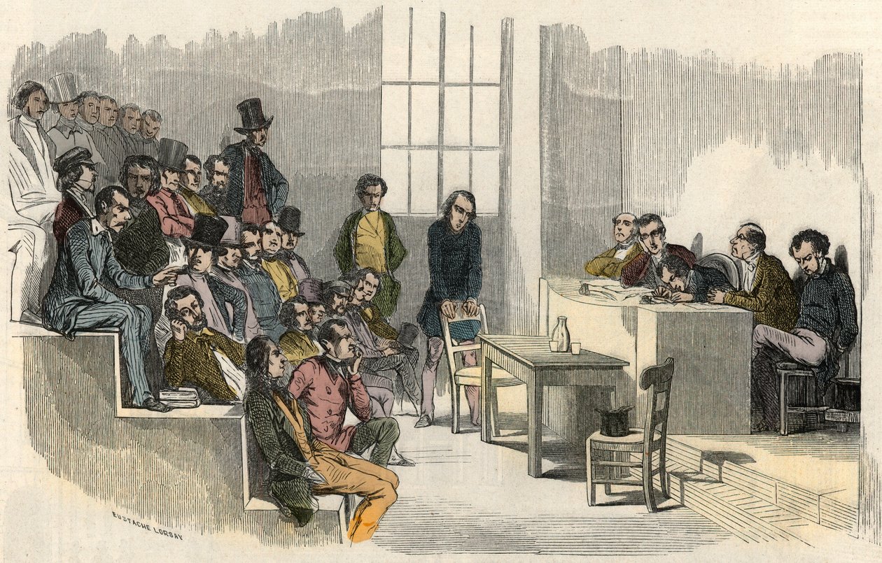 19世紀、パリのソルボンヌ大学で行われたアグレガシオンコンテストの降霊会 - Edmond Texier 1852年の "Tableau-de-Paris "に掲載された図版 作： フランス語学校