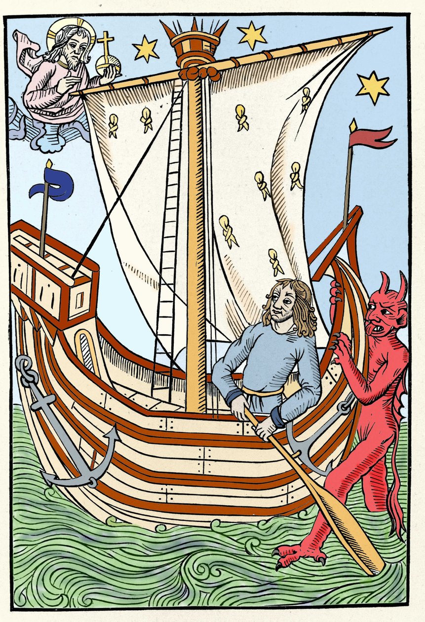 海の危険の中にある船。船首には悪魔が、左側には神が姿を現している。羊飼いたちの大いなる暦と堆肥』からのエングレーヴィング、トロワ 1491年 作： フランス語学校