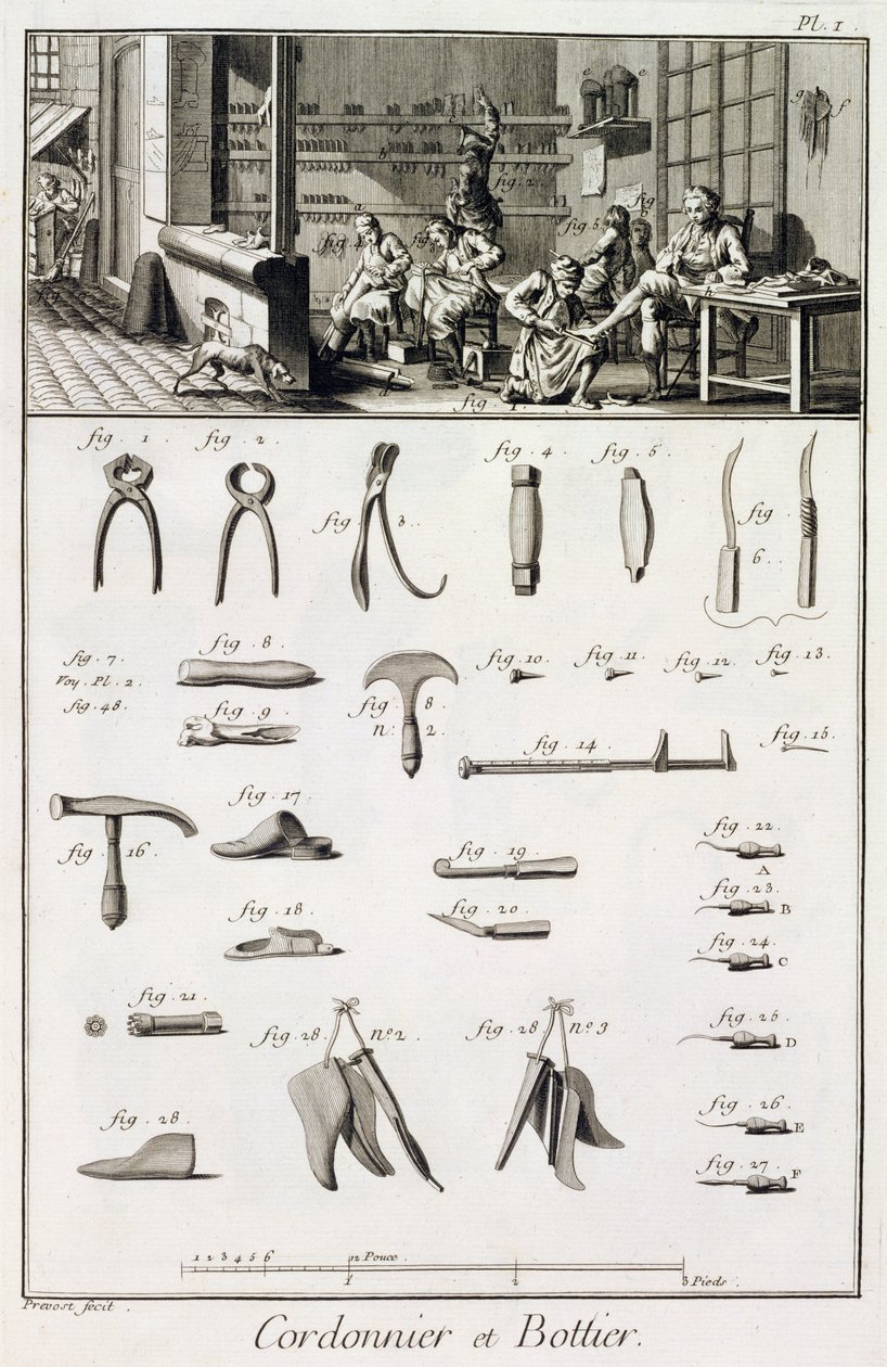 Denis Diderot（1713-84）によるEncyclopedie des Sciences et Metiersの靴とブーツメーカーとその道具、1770年頃発行 作： フランス語学校