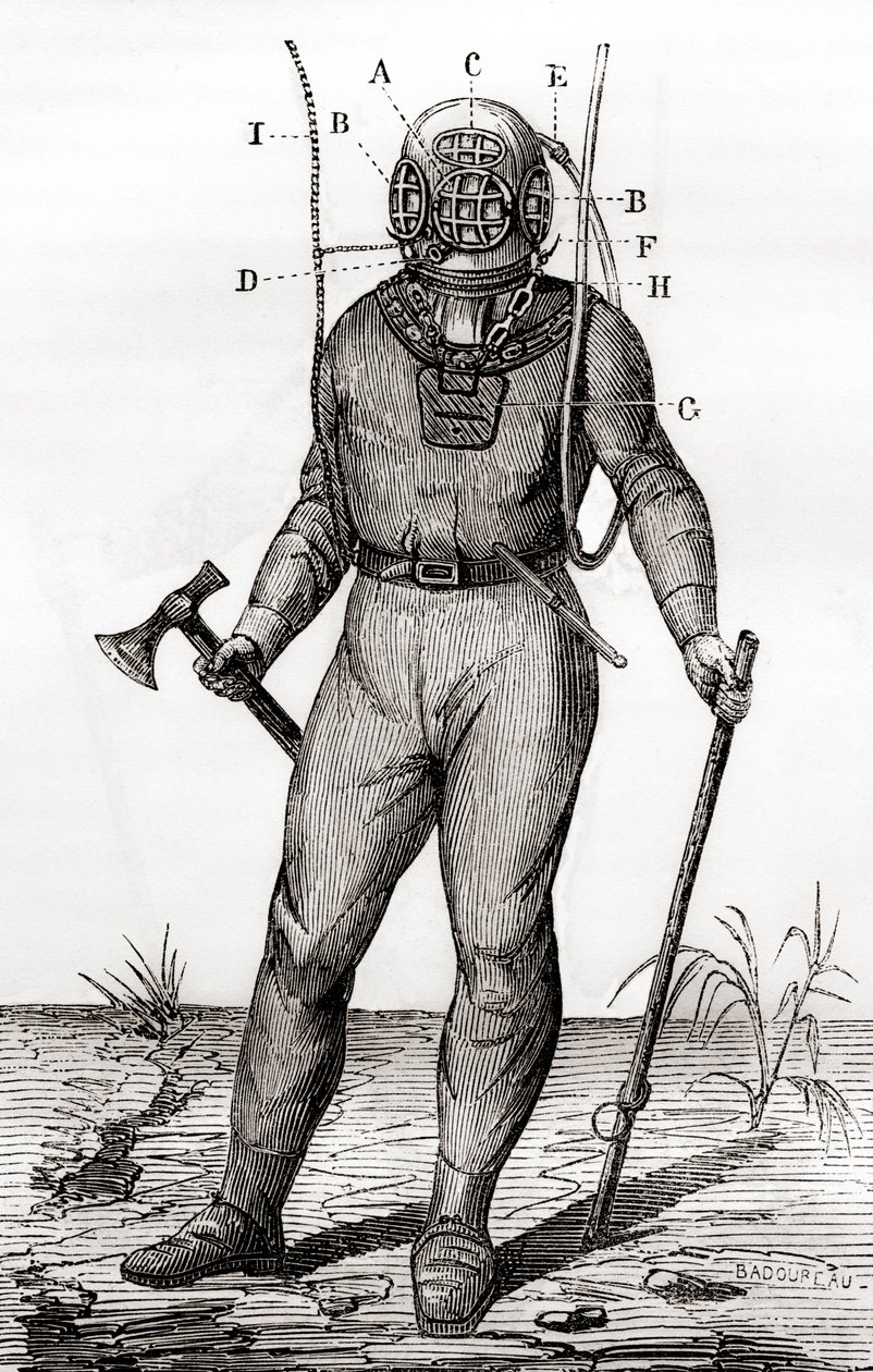 1855年にジョセフ・マルタン・カビロールが特許を取得した標準的なダイビングスーツ（1870年頃に出版された「Les Merveilles de la Science」より）（彫刻 作： フランス語学校