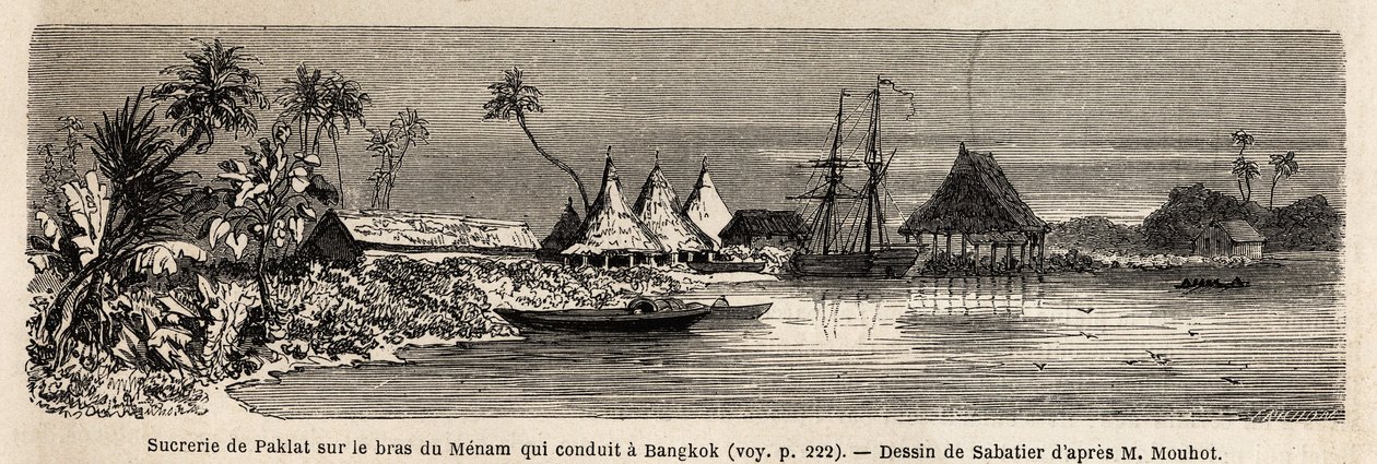 1858年から1861年にかけてシャム、カンボジア、ラオス王国を訪れたアンリ・ムホーの旅を説明するために、サバティエが描いたタイの主要河川メナム川沿いにあるパクラットの製糖工場。エドゥアール・シャルト編『Le tour du monde』の図版 作： フランス語学校