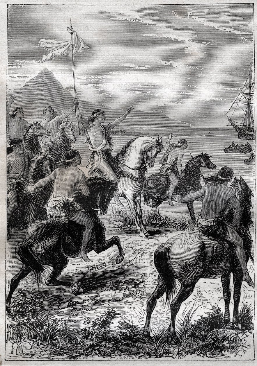 馬に乗った隊員が白い旗をつけていた。副提督ジョン・バイロン（1723-1786）は、1764年にマゼラン・デトロイトの東口にあるケープ・デ・ヴィランズの原住民に謁見した - "The Great Mariners of the 18 century "より 作： フランス語学校