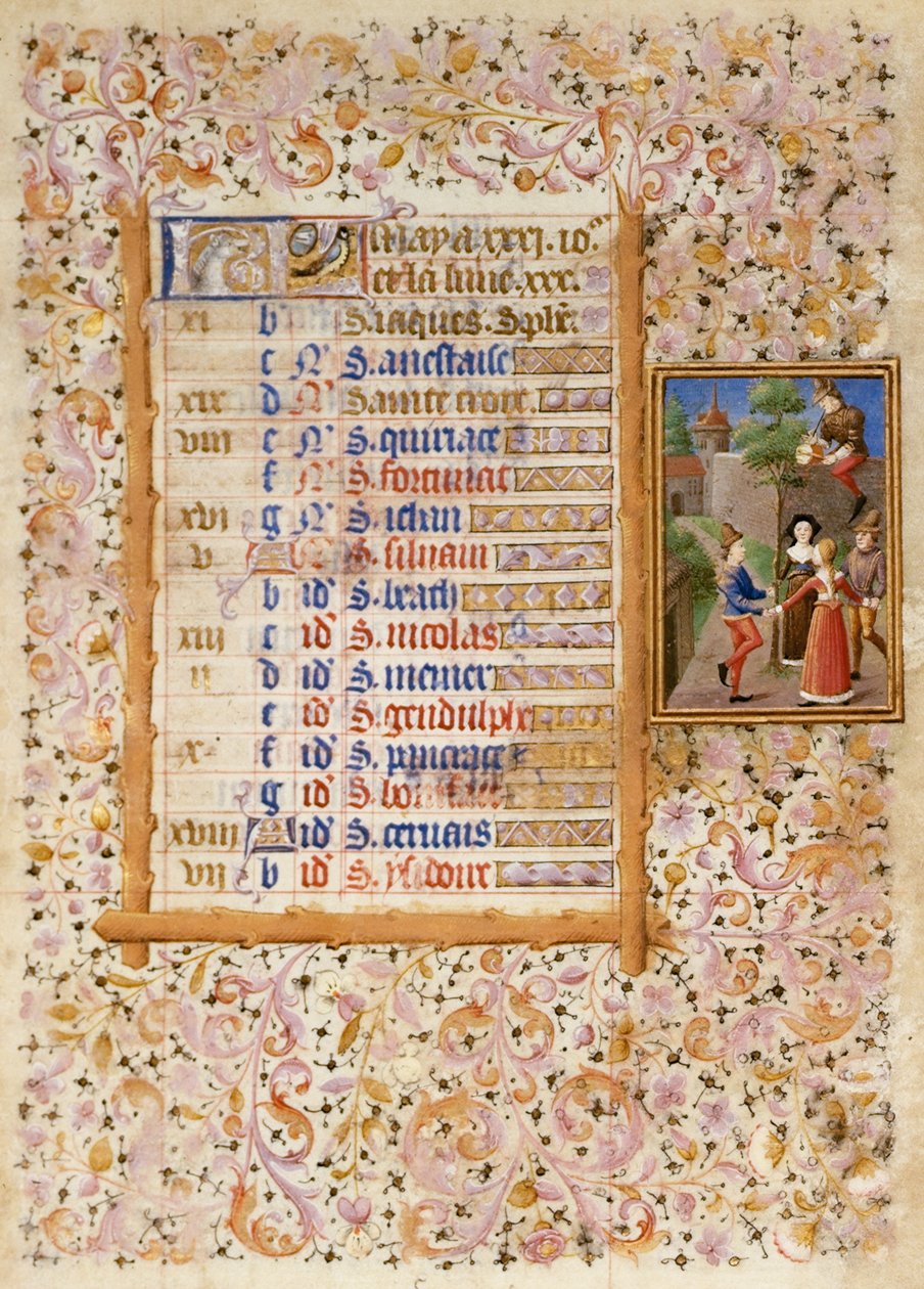 Add.25695 fol.5 5月のカレンダーページ、Book of Hours (ベラム) より 作： フランス語学校