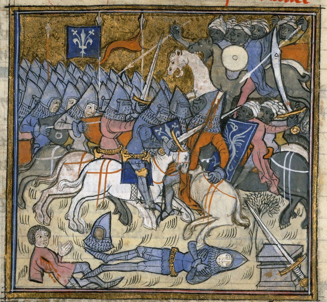 追加。 15269、f.124v サラセン人と戦う十字軍、「Chroniques de France ou de St Denys」のイラスト（ベラムにインク、色、金） 作： フランス語学校