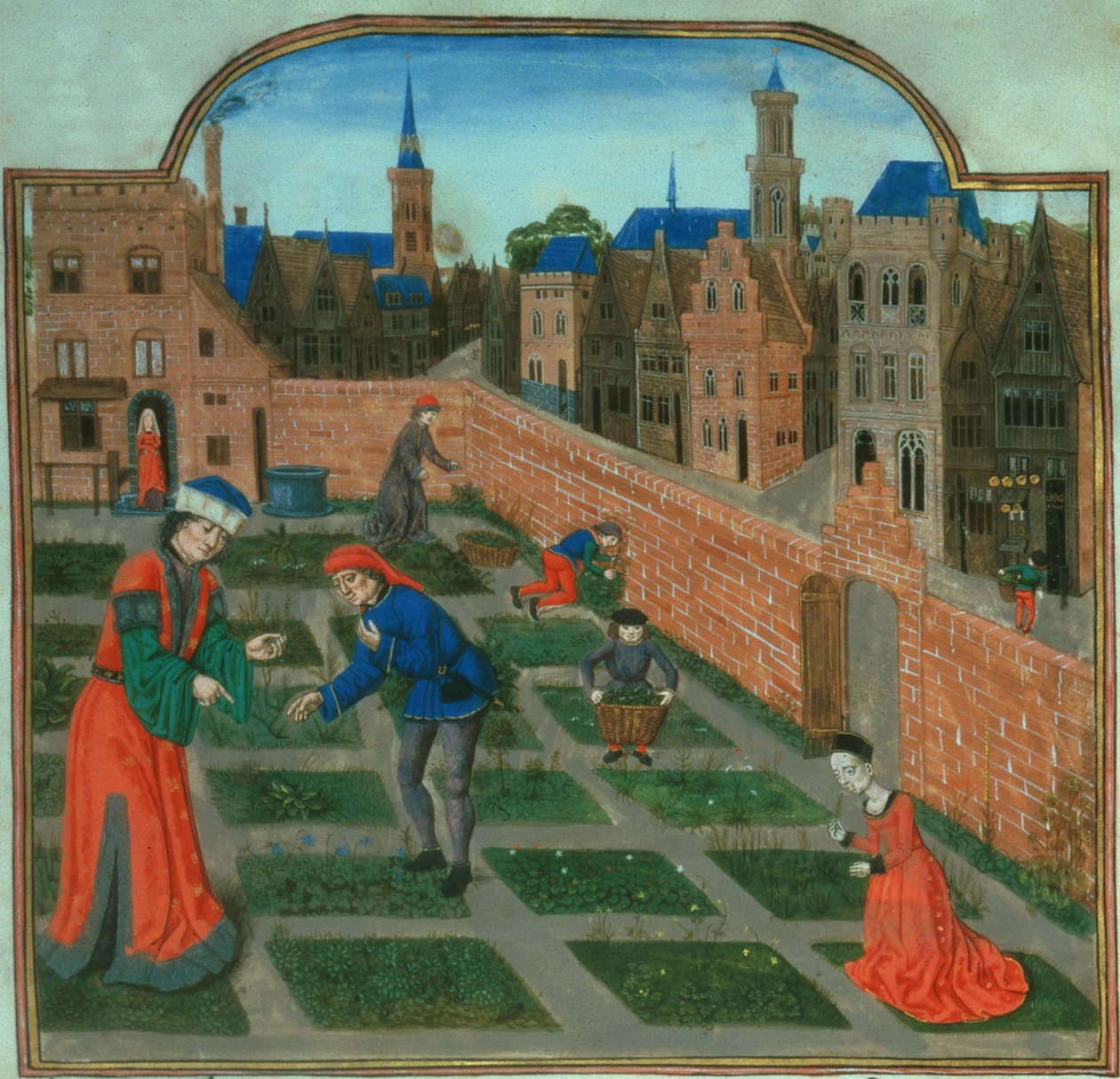 追加 19720 f.165 Pietro de Crescenzi (1230-1320) 作「Livre des Profits Ruraux」より、壁に囲まれた町の庭 (ベラム) 作： フランス語学校