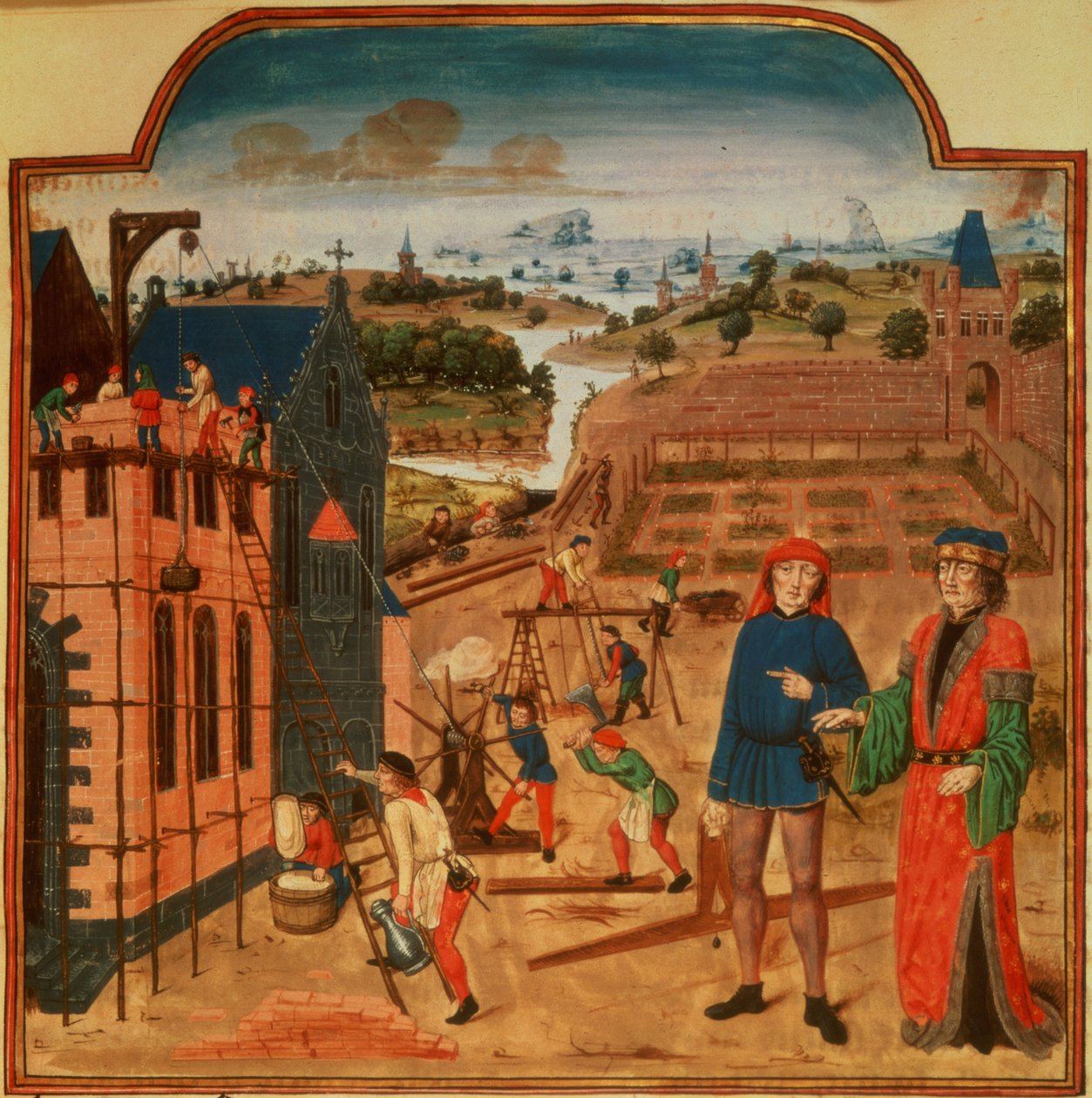 追加 19720 f.27 Pietro de Crescenzi (1230-1320/1) 作 Livre des Prouffits Champetres et Ruraulx より、正式な庭園と風景を背景にしたガーデンハウスの建設 (ベラム) 作： フランス語学校