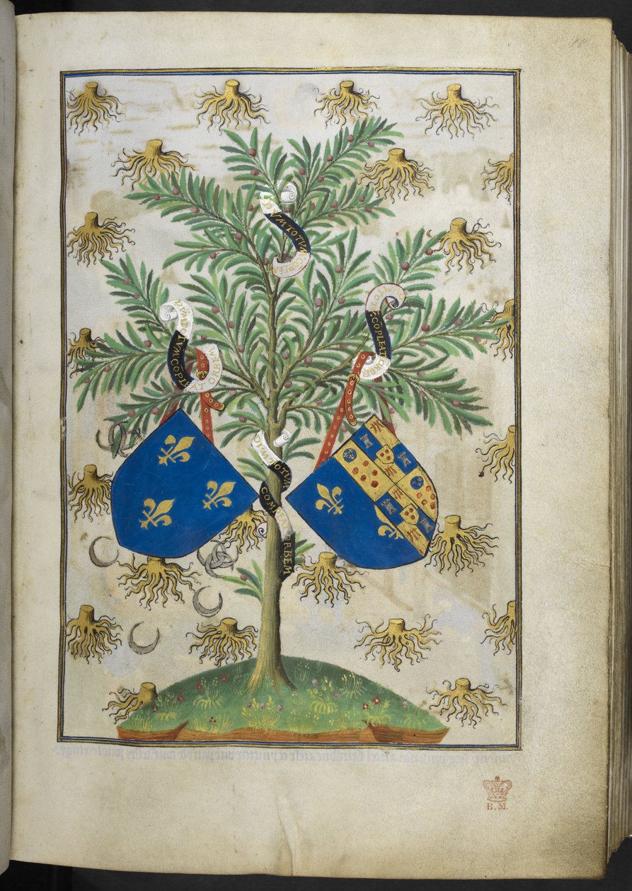 Ms 18850 f.15r Armorial のページを追加、Book of Hours (The Bedford Hours) から c.1410-30 (ベラムにインク、カラー、ゴールド) 作： フランス語学校