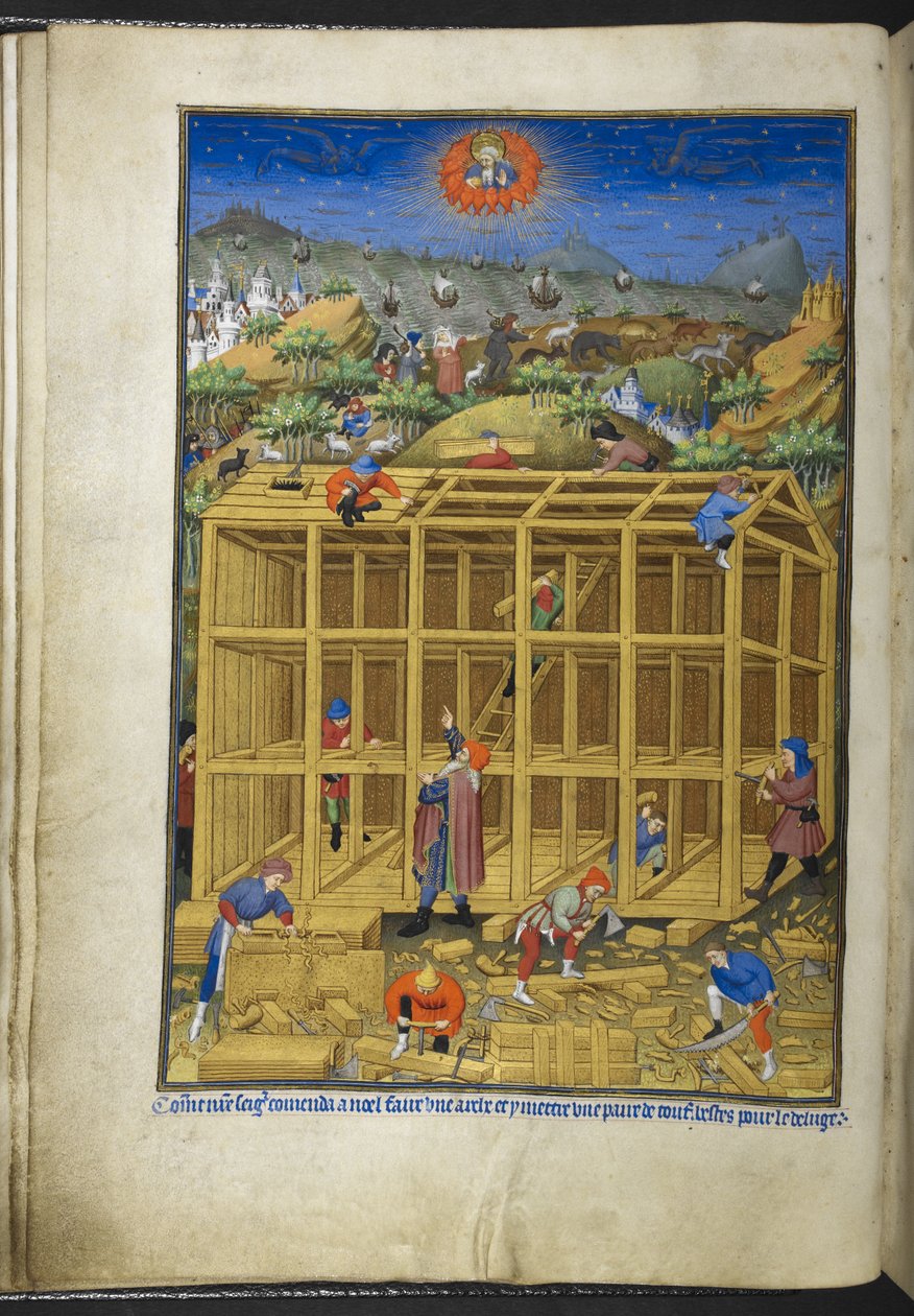Ms 18850 f.15v を追加、時間の書 (The Bedford Hours) c.1410-30 からのノアの箱舟の建物 (ベラム紙にインク、色、金) 作： フランス語学校
