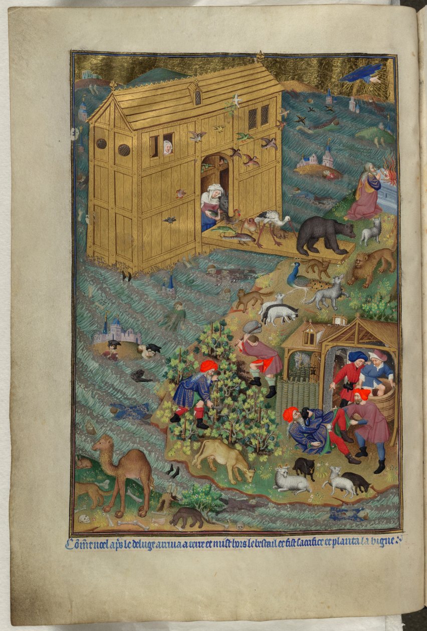 Add Ms 18850 f.16v, The exit from the Ark, from Book of Hours (The Bedford Hours) c.1410-30 (ベラムにインク、カラー、ゴールド) 作： フランス語学校