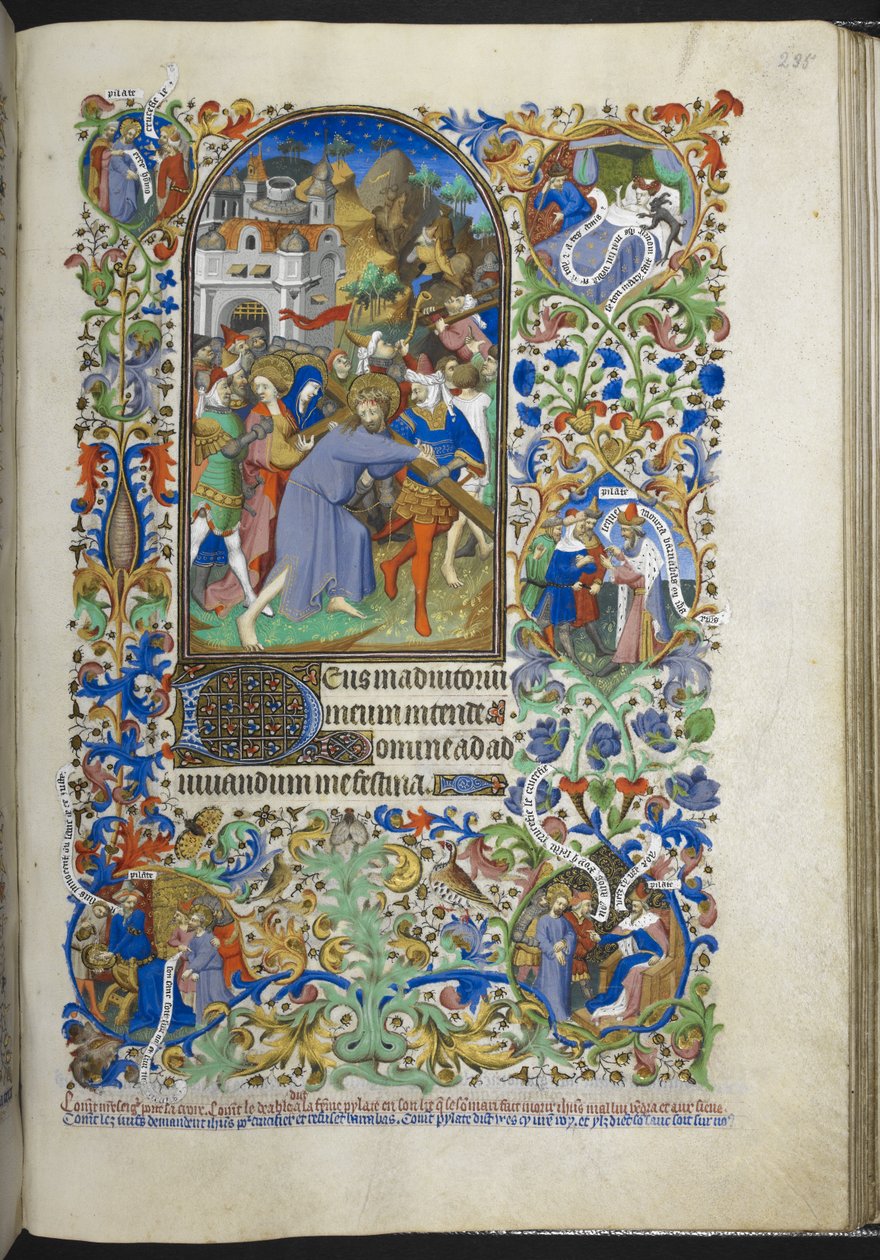 Ms 18850 f.235r、受難の時間 [セクスト]、十字架を背負ったキリスト、時間の書 (ベッドフォード時間) c.1410-30 (ベラムにインク、色、金) から追加 作： フランス語学校