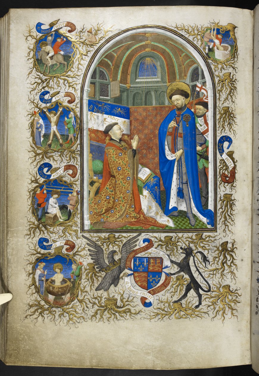 Ms 18850 f.256v、セントジョージの前のベッドフォード公、時間の書（ベッドフォード時間）c.1410-30から追加（ベラムにインク、色、金） 作： フランス語学校