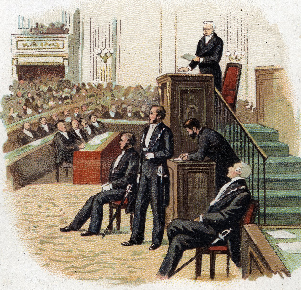 1872年、国民議会の演壇に立つ共和国大統領アドルフ・ティエール（1797-1877） - 20世紀初頭のクロモリ（Chromolithography）。 作： フランス語学校