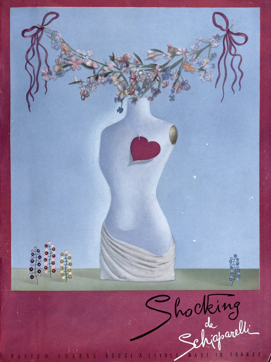スキャパレリの香水「ショッキング」の広告、「ヴォーグ」誌1938年11月号のイラスト（カラーリトグラフ） 作： フランス語学校