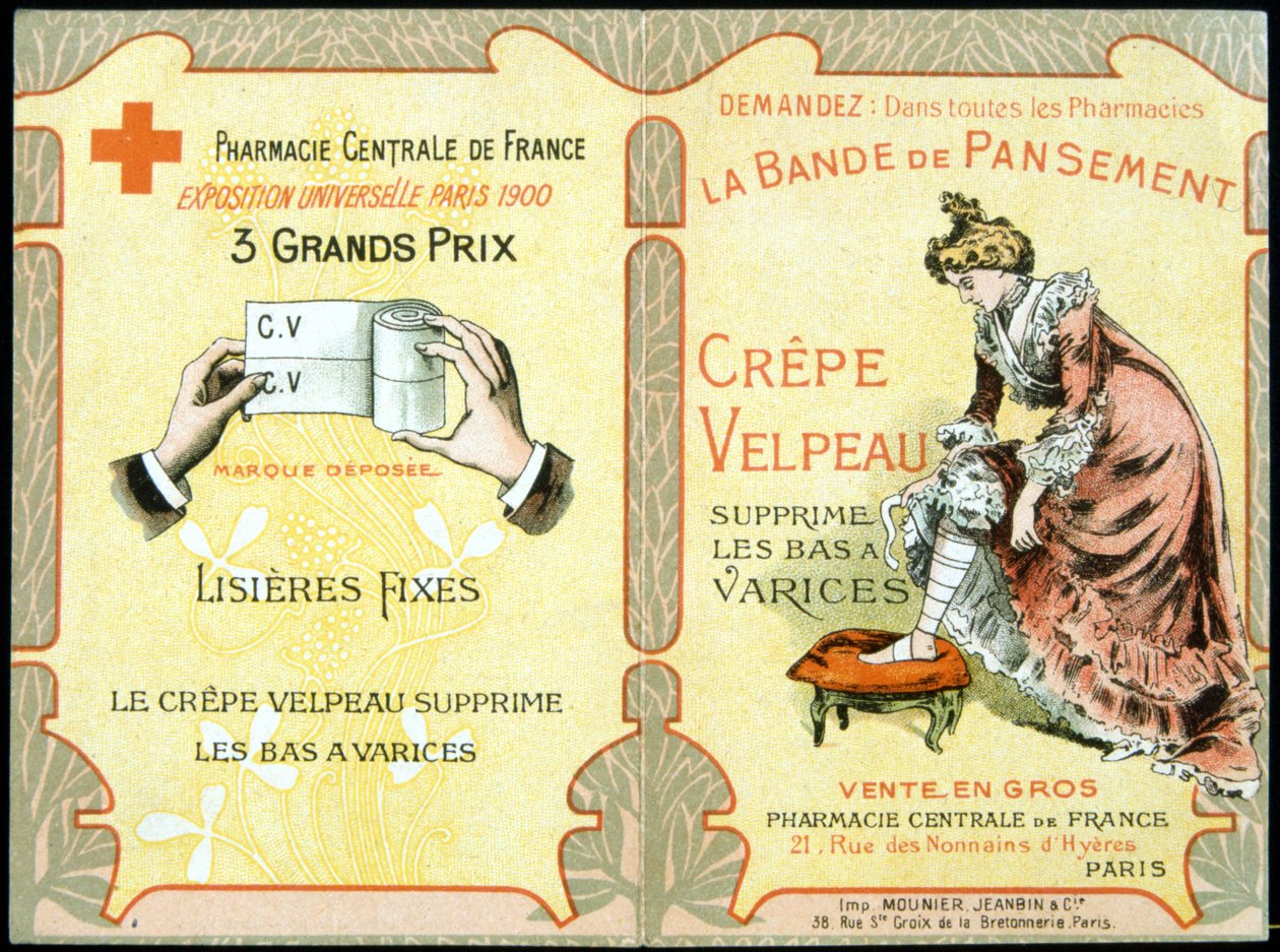 Velpeau Crepe Dressing Band provides varicose stockings "の広告カード。Sd.19世紀 作： フランス語学校