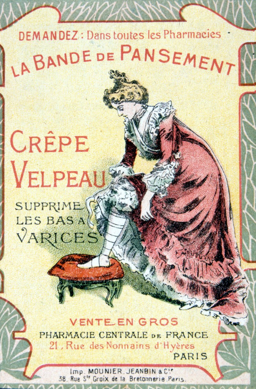 Velpeau Crepe Dressing Band provides varicose stockings "の広告カード。Sd.19世紀 作： フランス語学校