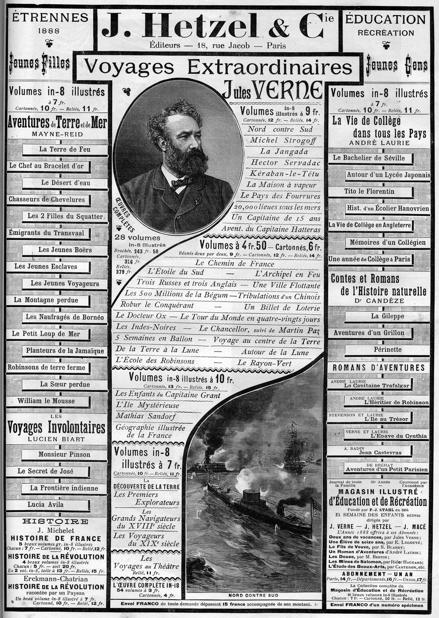 1887年末に近づいたジュール・ヴェルヌの小説の広告、編集者J.ヘッツェル。 作： フランス語学校