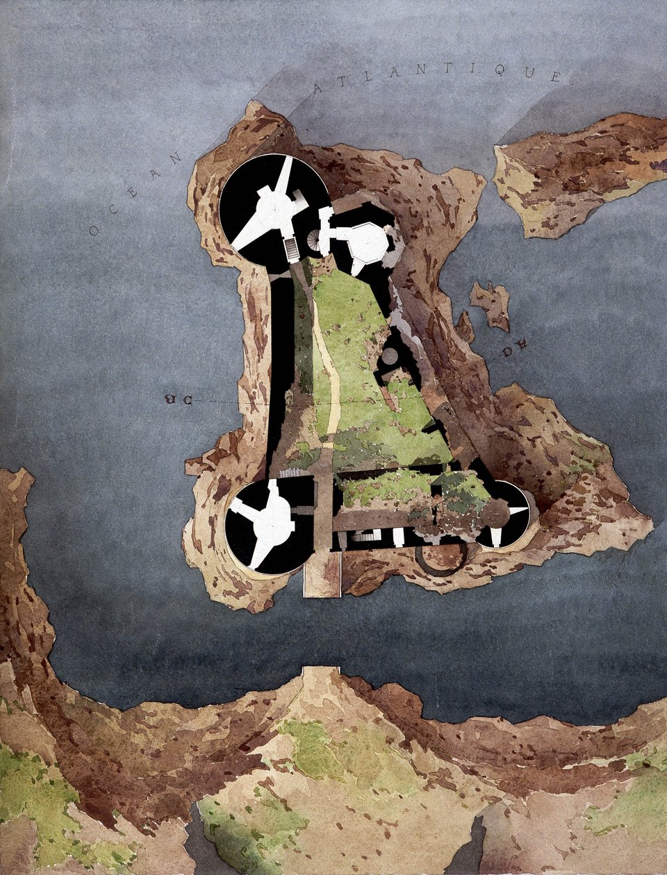 11世紀に建てられた城の平面図を含むイェウ島（Ile-d