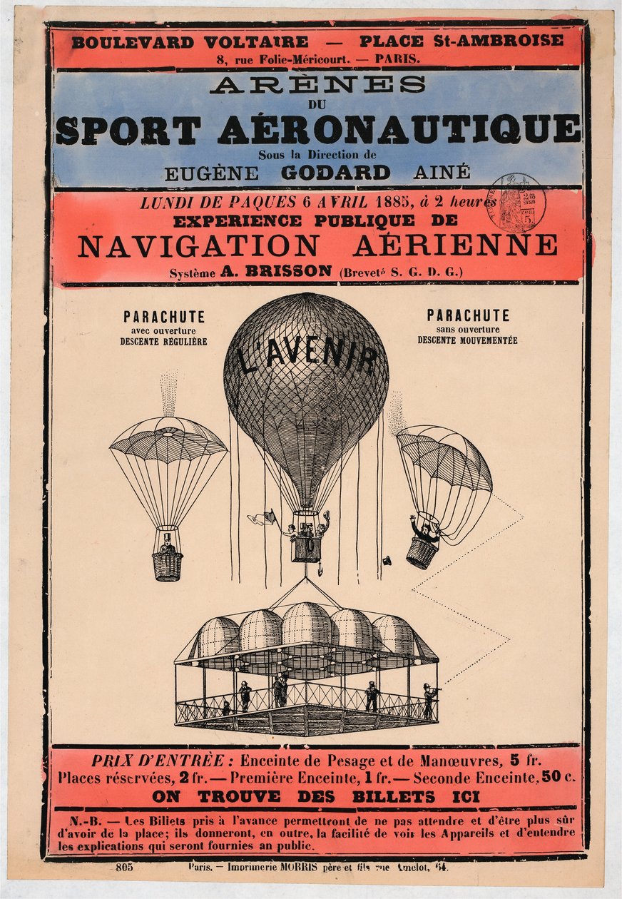 ウジェーヌ・ゴダールの指揮の下、1885年にパリで開催される航空展、pb.1885年（カラーリトグラフ 作： フランス語学校