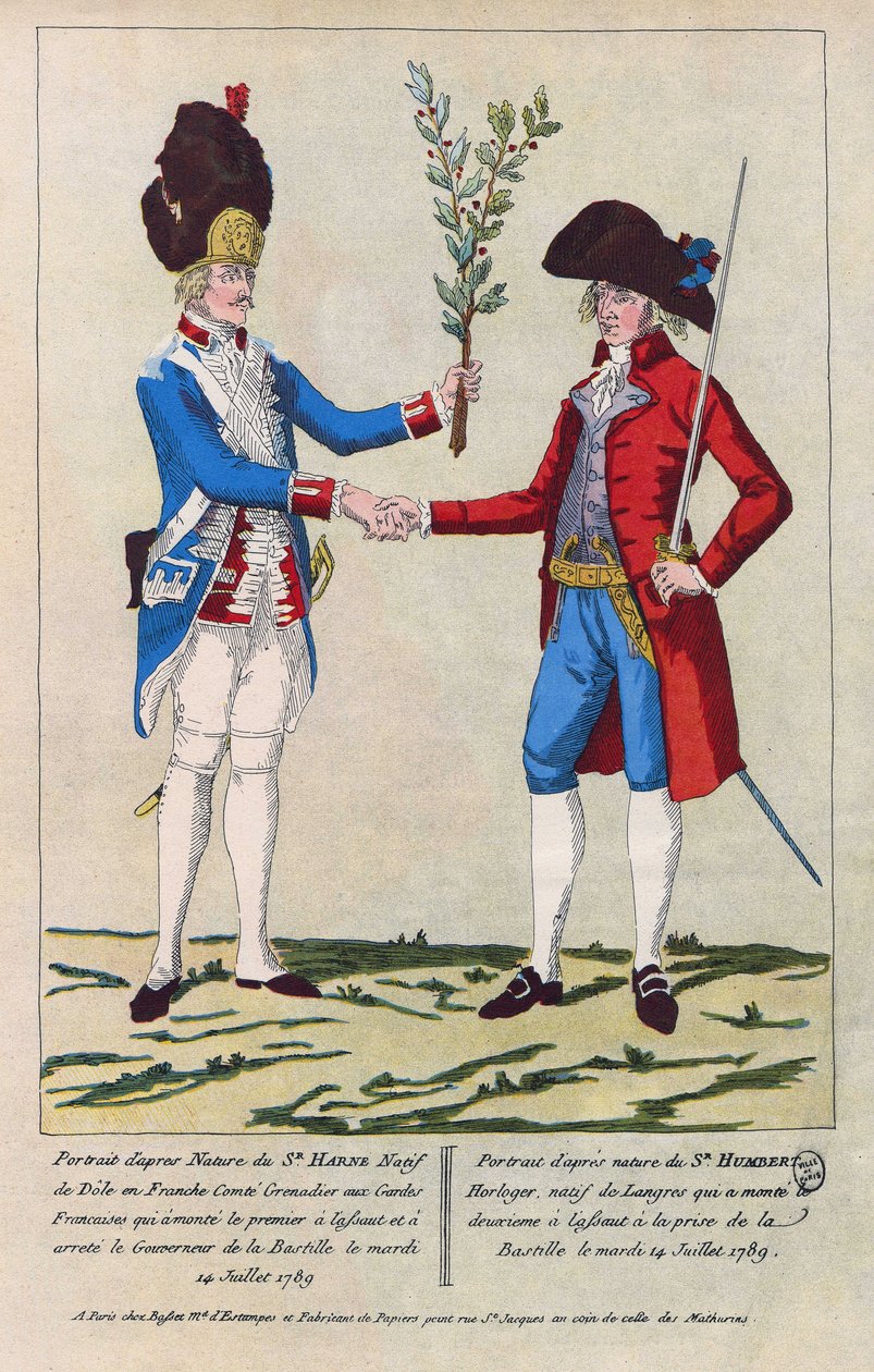 擲弾兵ハーン氏と時計職人ウンベルト氏の自然肖像画。1789年7月14日のバスティーユ攻略の際、最初に襲撃された人物。1790年のエングレーヴィング。 作： フランス語学校
